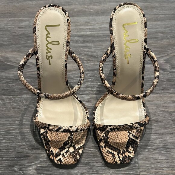 NEW Size 8 Lulus Theyaa Tan Faux Snake Embossed Square Toe High Heel Sandals - Picture 2 of 11